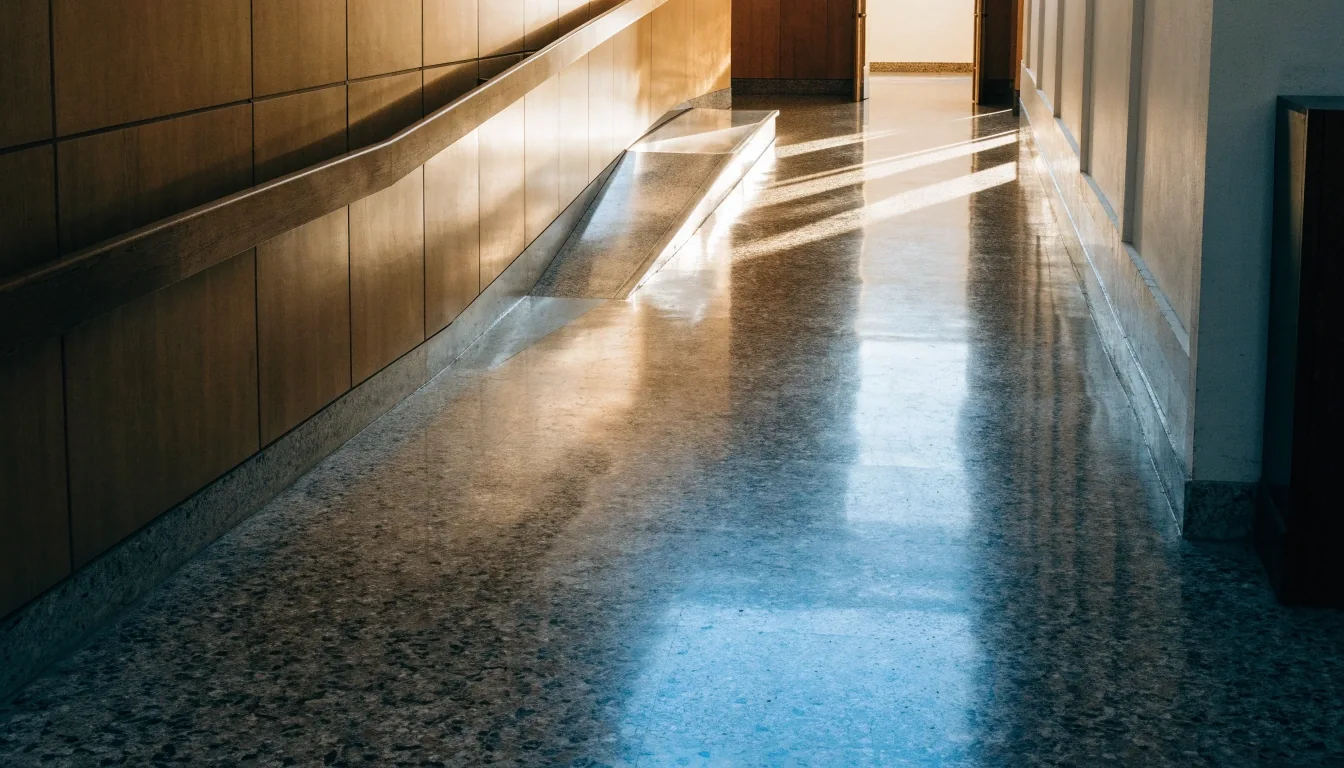 Pasillo vacío de un edificio administrativo español por la tarde, con luz cálida al fondo