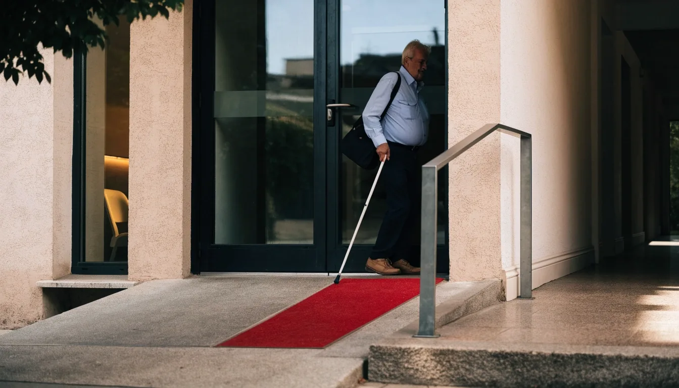 Puerta entreabierta de una oficina de registro público español vista desde el pasillo