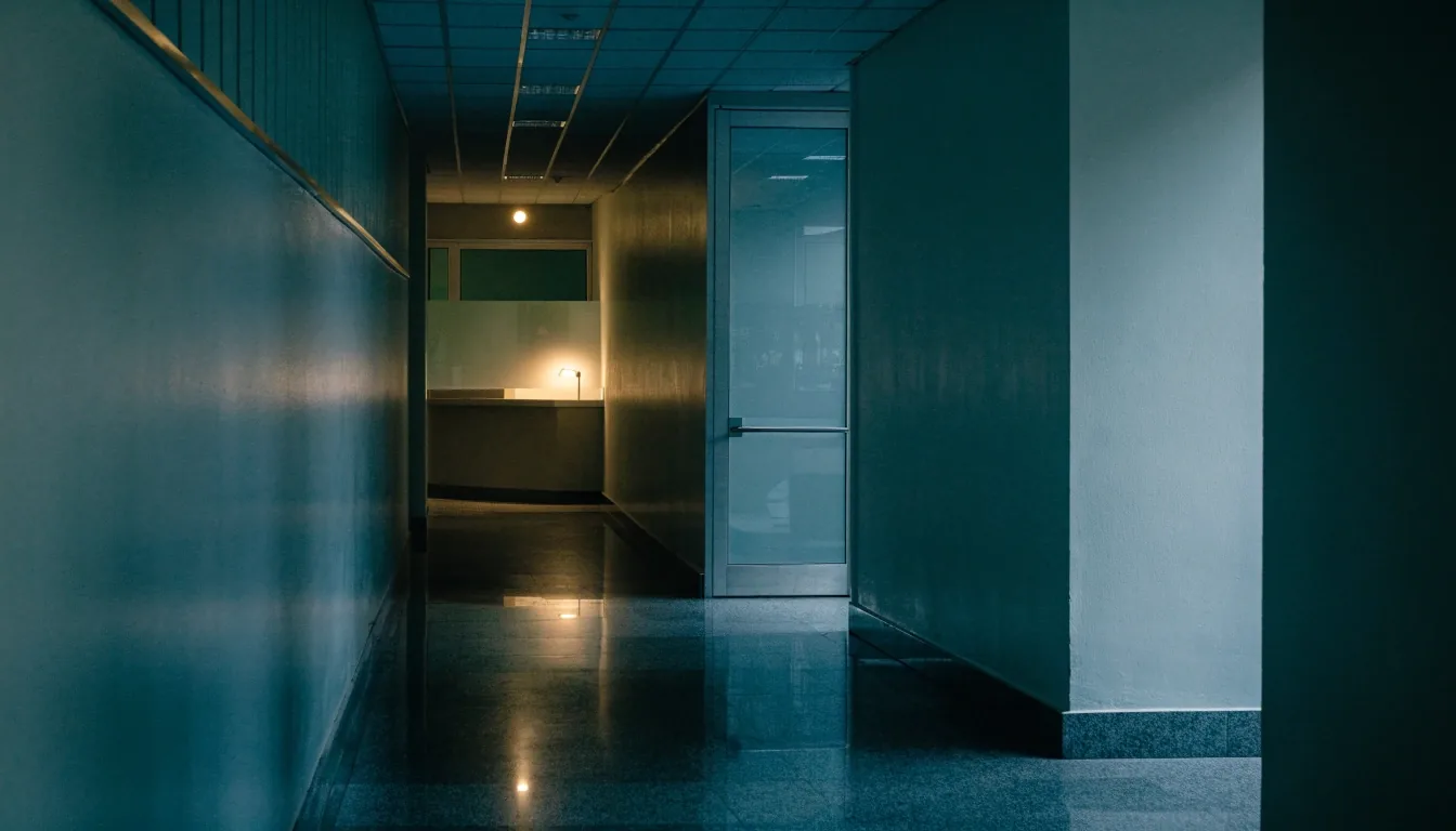 Pasillo vacío de un edificio administrativo con una lámpara encendida al fondo