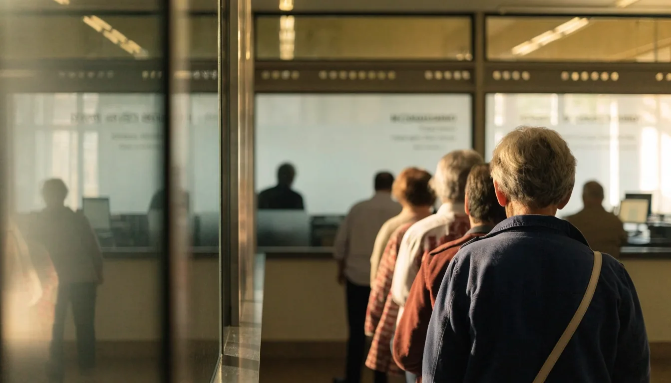 Sala de atención al público con ventanillas de servicio y varias personas esperando