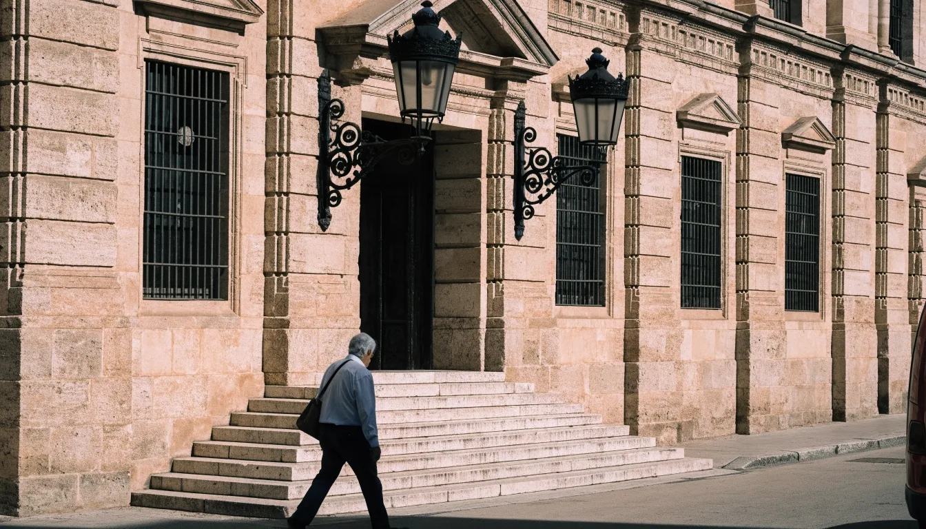 Fachada de un edificio administrativo español con una persona caminando frente a la entrada