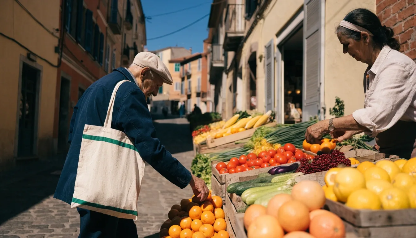 Mercado de barrio en España con puestos de fruta y clientes comprando