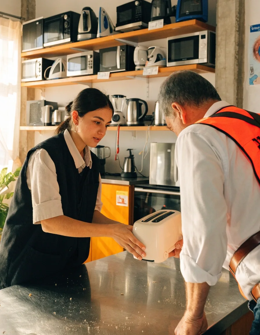 Persona revisando un pequeño electrodoméstico en un taller de reparaciones