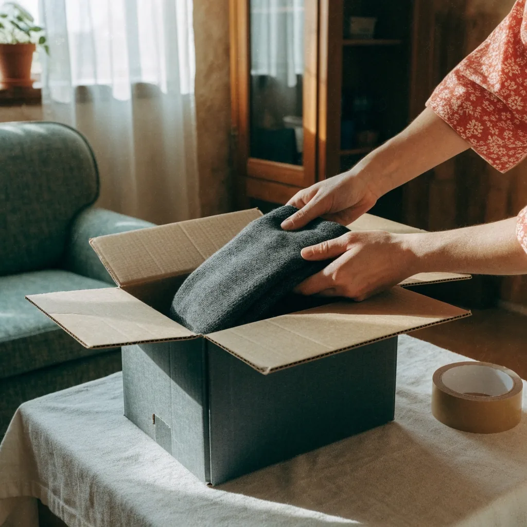 Persona abriendo un paquete en casa y revisando el contenido junto al comprobante de compra