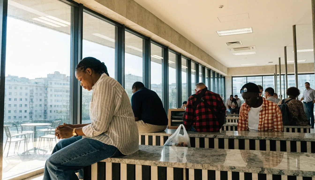 Sala de atención al público de una oficina de información al consumidor en España, con varias personas esperando en el mostrador