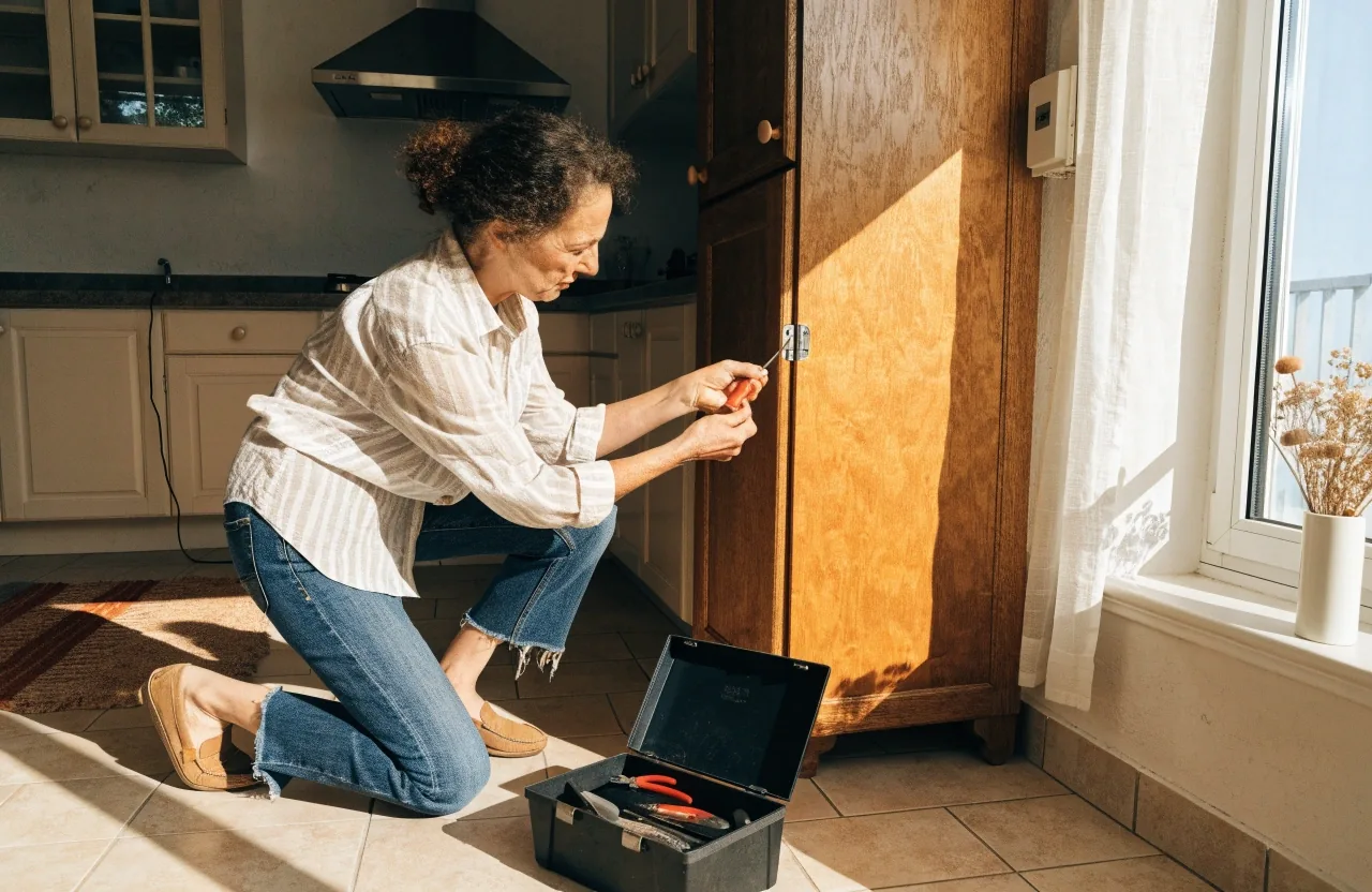 Una mujer revisa con un destornillador la bisagra de un armario de cocina en su casa