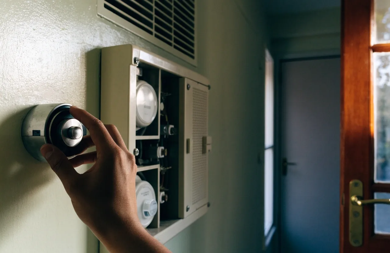 Mano ajustando el termostato de la calefacción junto al contador en el pasillo de una vivienda
