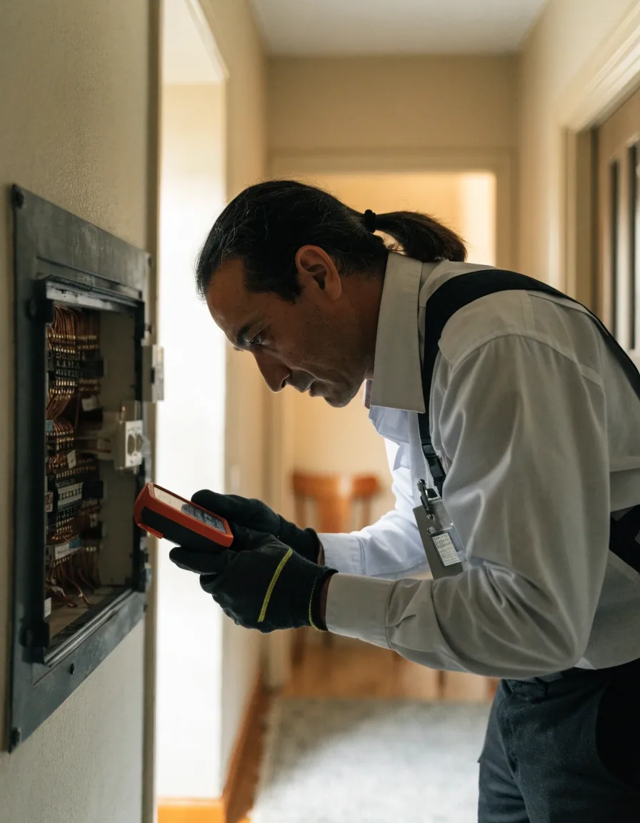 Técnico autorizado revisando el cuadro eléctrico de una vivienda con instrumental de medida