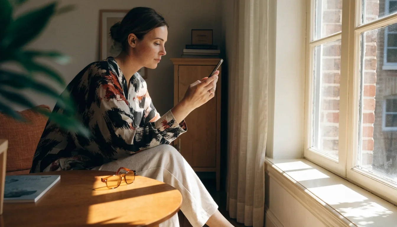 Mujer adulta revisando su teléfono móvil con gafas de cerca sobre la mesa