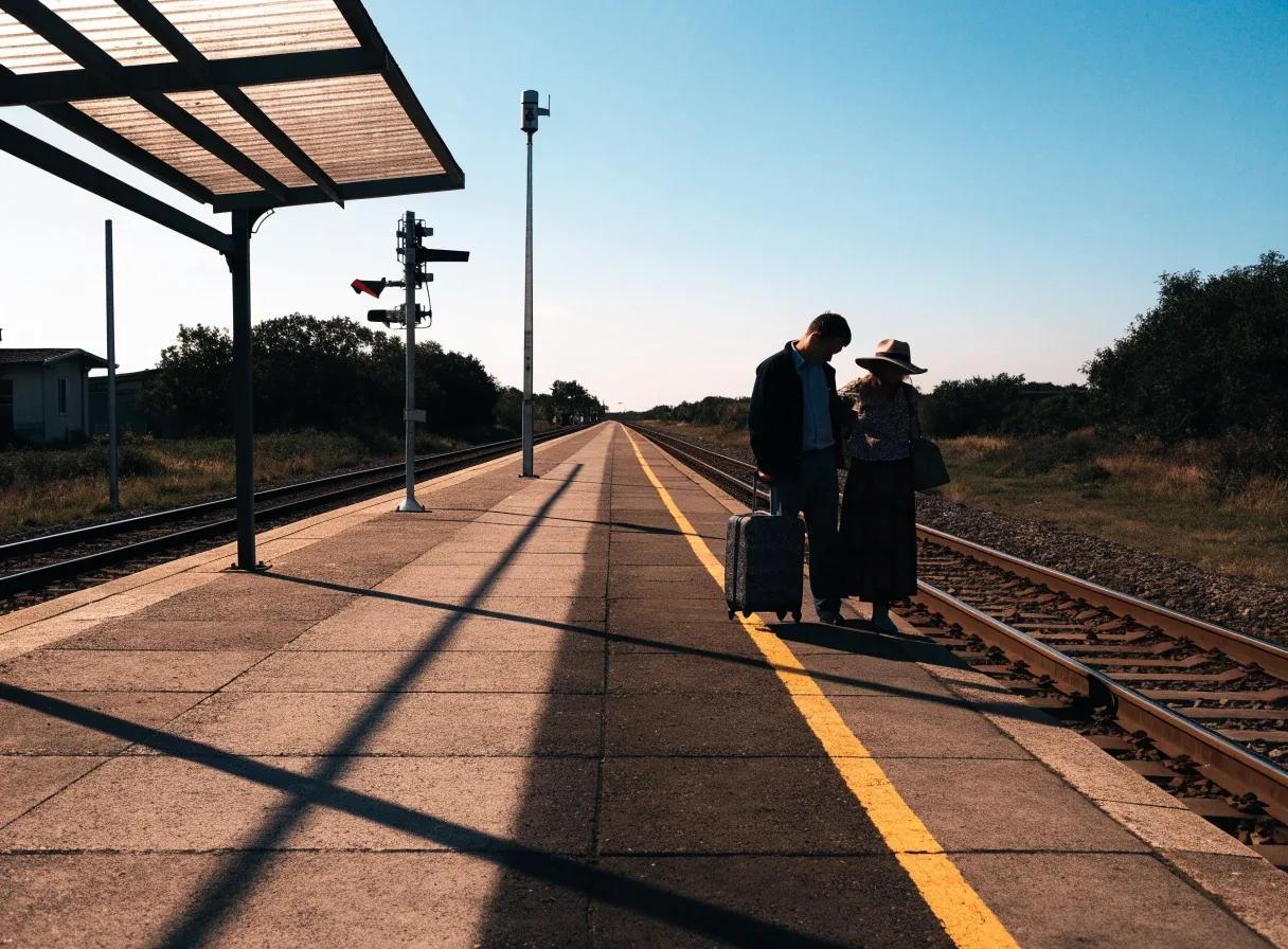 Pareja adulta esperando en el andén de una estación de tren regional en España