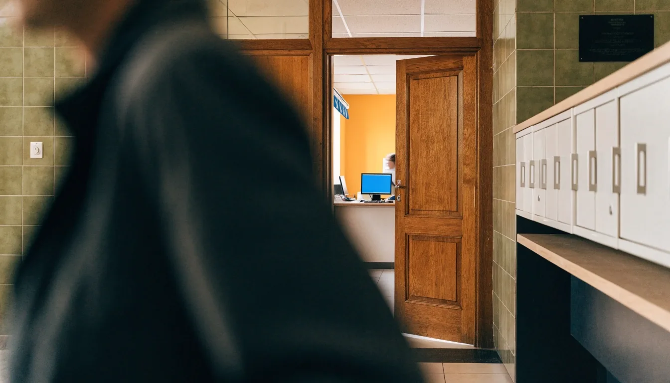 Puerta entreabierta de una oficina de registro vista desde el pasillo
