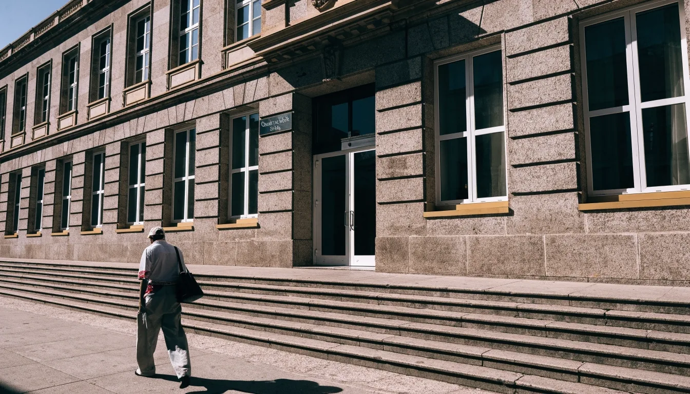 Fachada de un edificio administrativo español con una persona caminando frente a la entrada