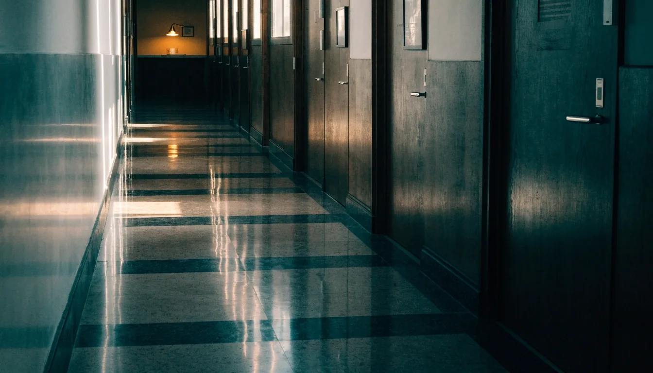 Pasillo vacío de un edificio administrativo español al final de la jornada