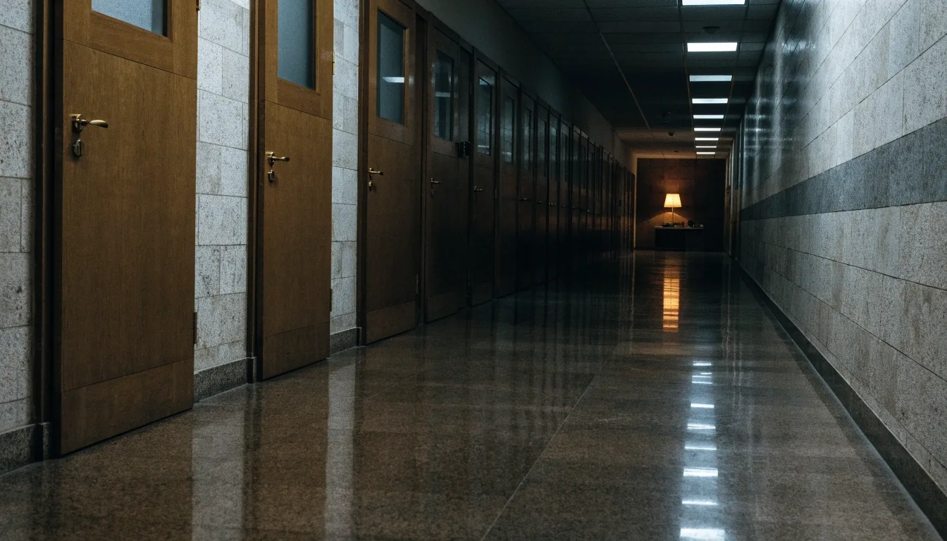 Pasillo silencioso de un edificio administrativo español por la noche