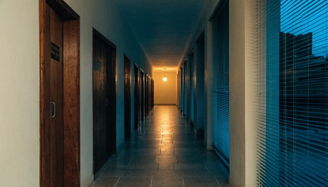 Pasillo vacío de un edificio administrativo español al final de la jornada, con una lámpara encendida al fondo y las puertas de oficina cerradas.