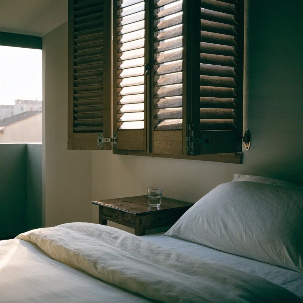 Dormitorio de una vivienda española al amanecer con la cama hecha y luz suave