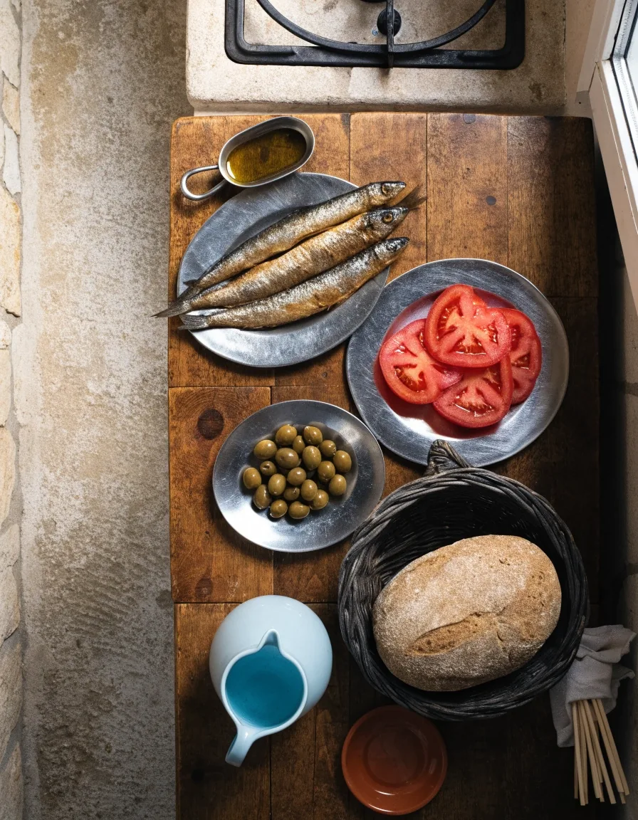 Mesa de cocina española con aceite de oliva, pescado, tomate y pan antes de comer