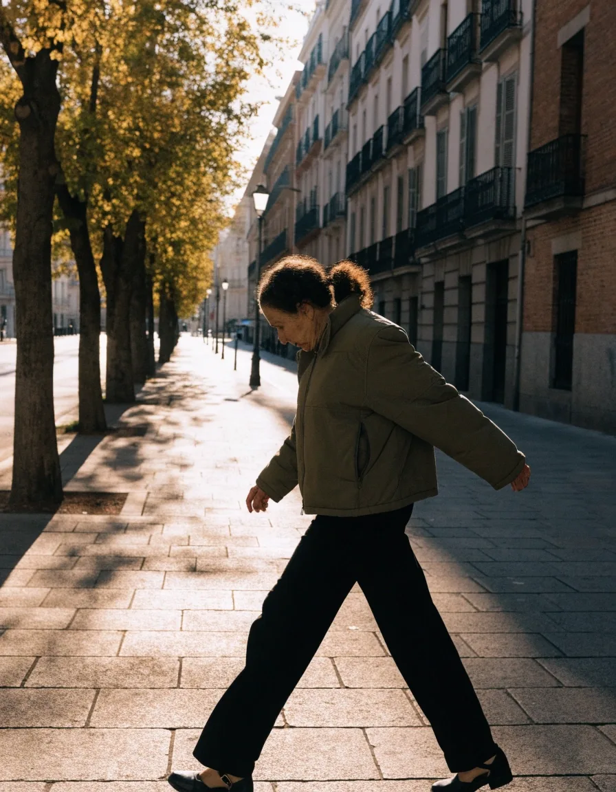Mujer adulta caminando a paso ligero por un paseo arbolado de una ciudad española