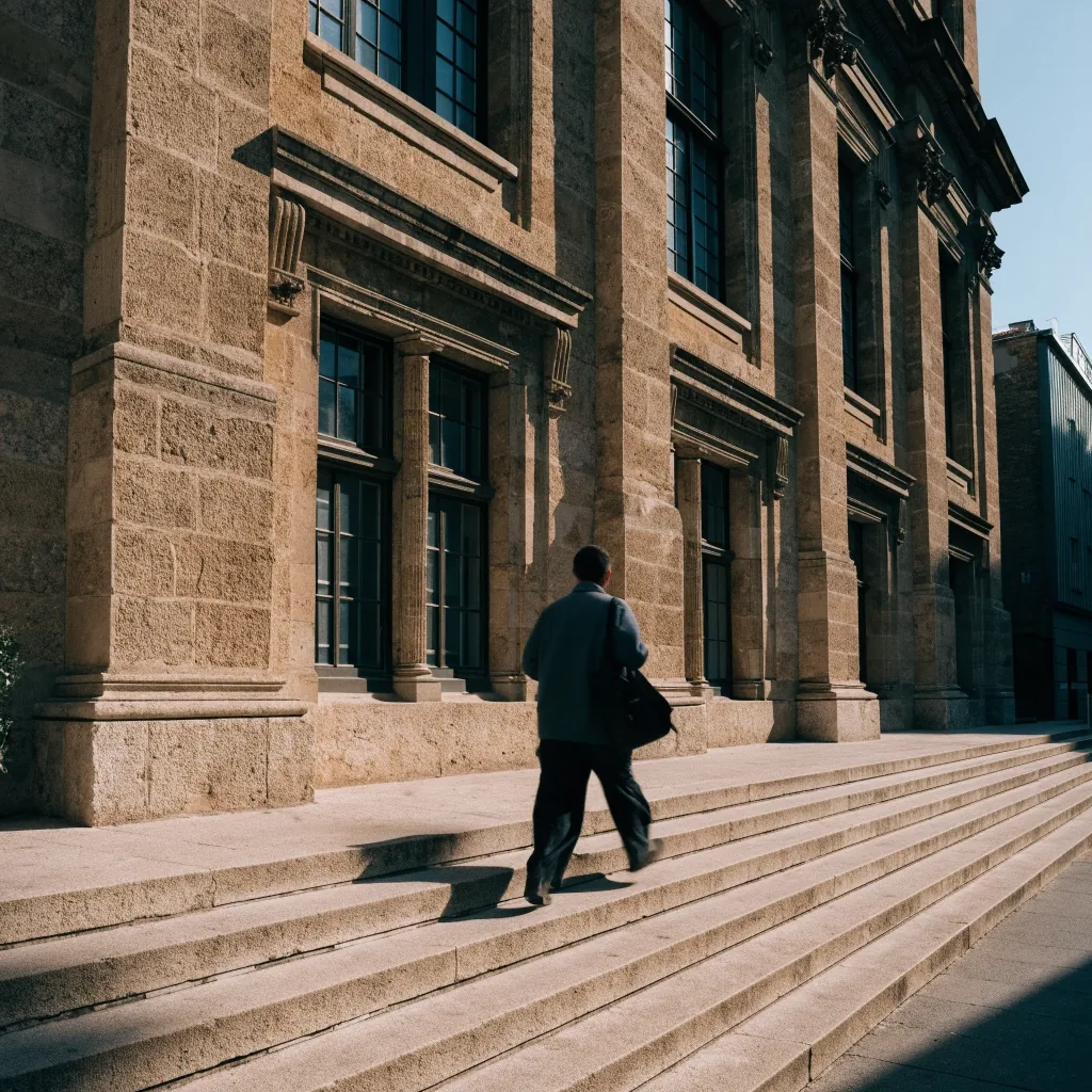 Fachada de un edificio administrativo español con una persona pasando por delante