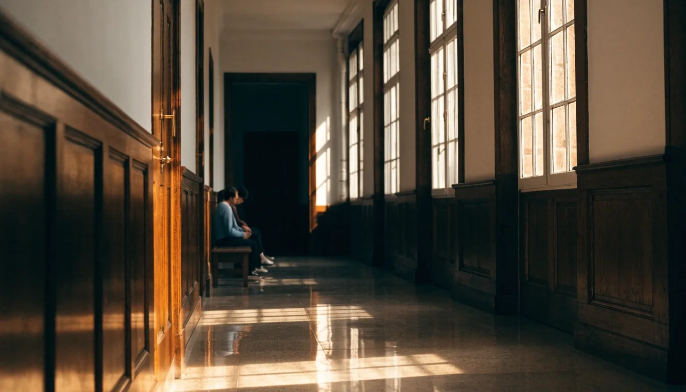 Pasillo interior de un edificio administrativo español con visitantes esperando en un banco