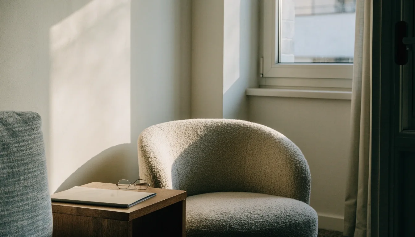 Salón de una vivienda española con una mesa, una carpeta cerrada y gafas de lectura en luz de mañana