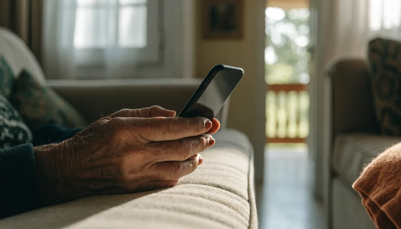 Manos sosteniendo un teléfono móvil sobre la mesa de casa, junto a una libreta