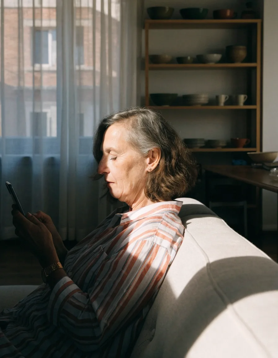 Mujer consultando una aplicación en su teléfono móvil en el salón de casa