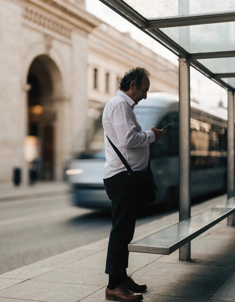 Persona consultando una aplicación de transporte público en la calle