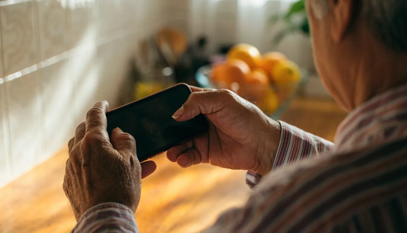 Una persona mayor consulta su teléfono móvil en la cocina de su casa