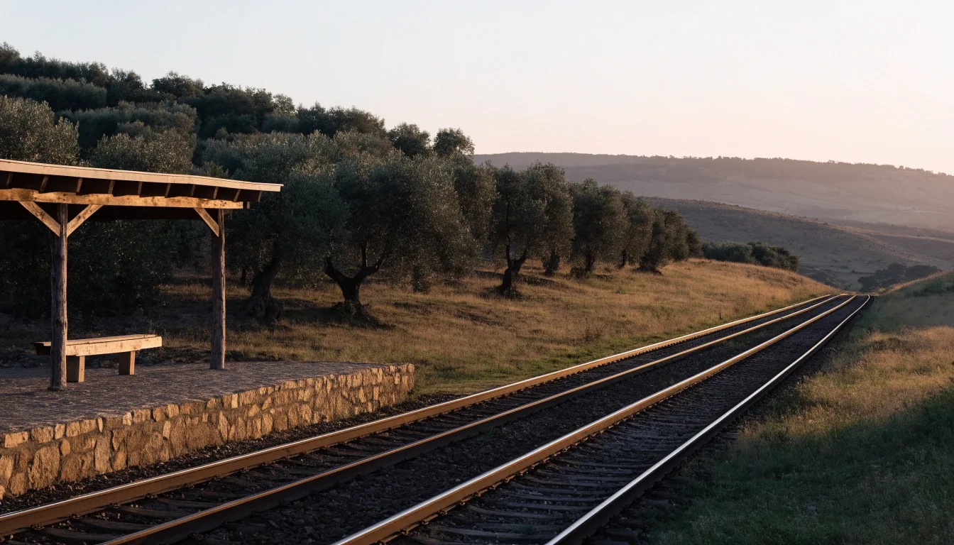 Apeadero de tren rural en el interior de España al atardecer, con andén y campo de olivos