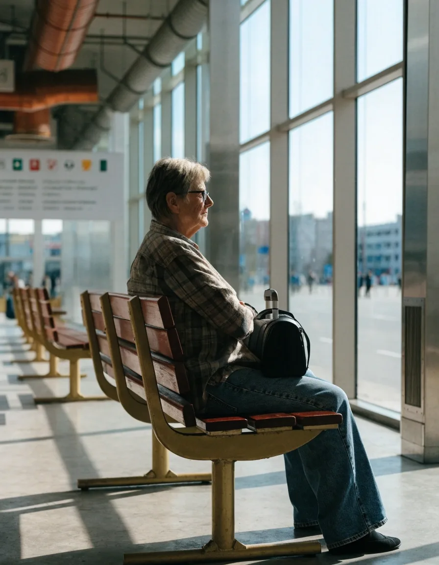 Persona mayor esperando en una estación de autobuses con su equipaje de mano