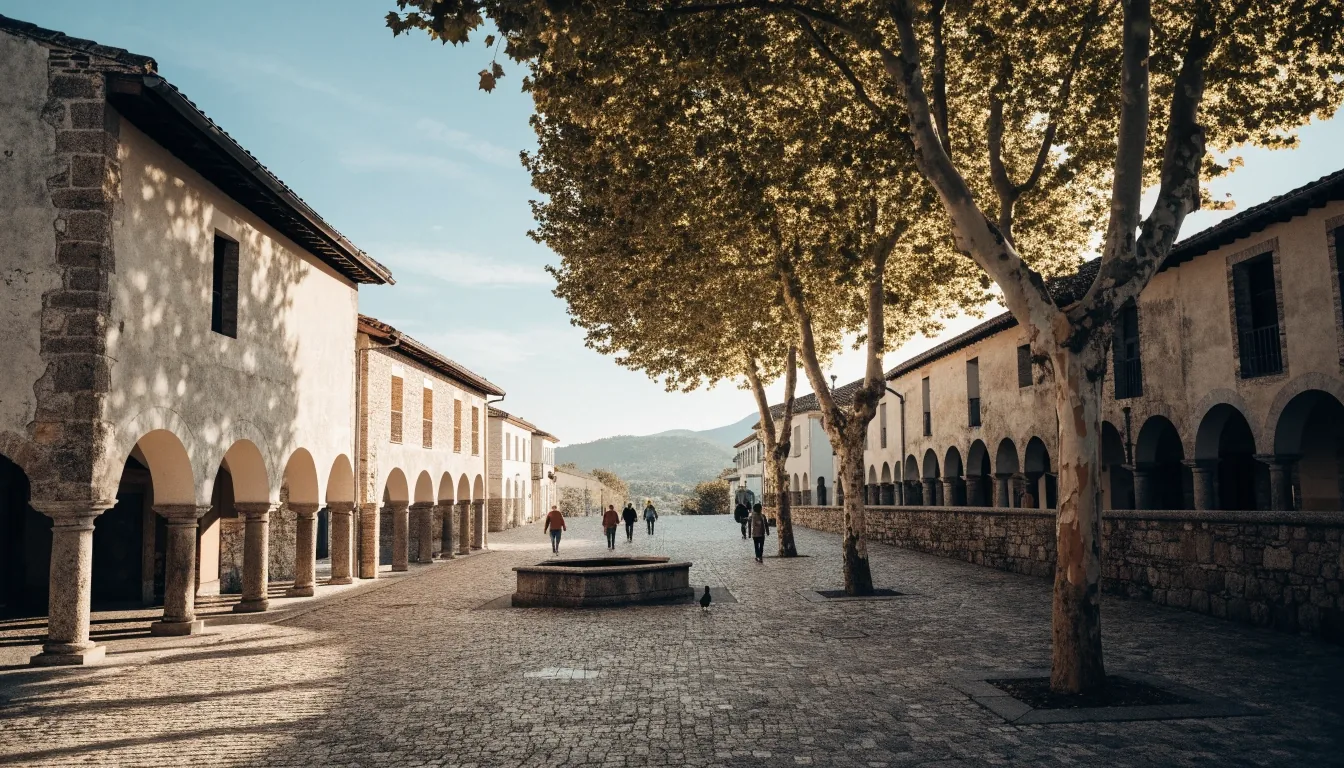 Plaza de un pueblo español con soportales de piedra y vecinos paseando en otoño